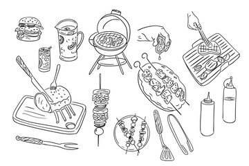 Hand drawn barbeque doodle set with grill, skewers, meat, drinks and cooking tools. Represents summer cooking, outdoor gatherings and tasty grilled food preparation