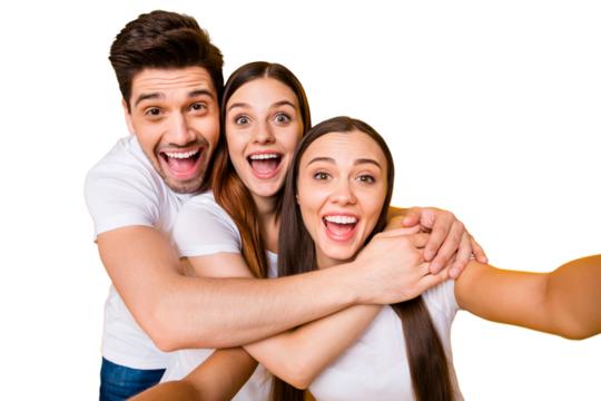 Self-portrait of three nice attractive lovely cheerful cheery positive playful person buddy fellow having fun free time isolated over bright vivid shine yellow background