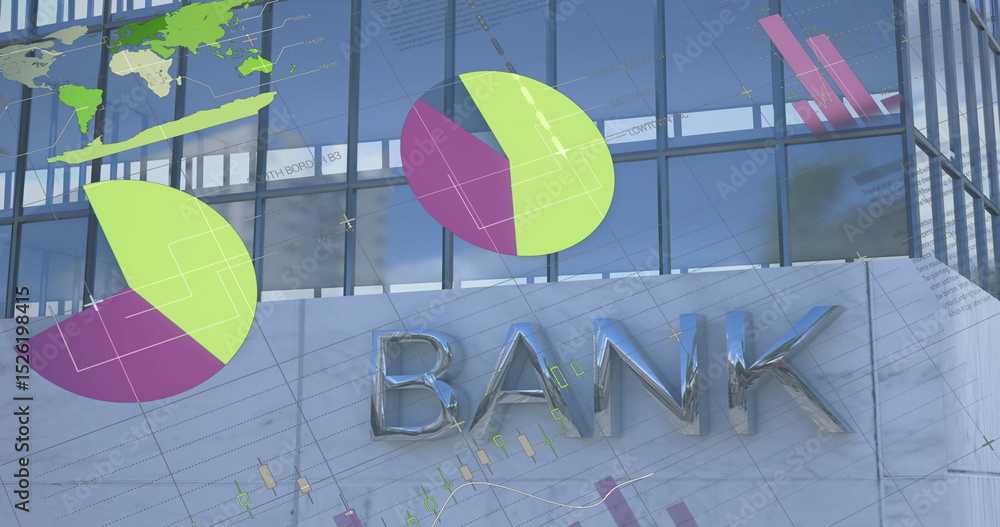 Poster image of statistical data processing against tall bank building