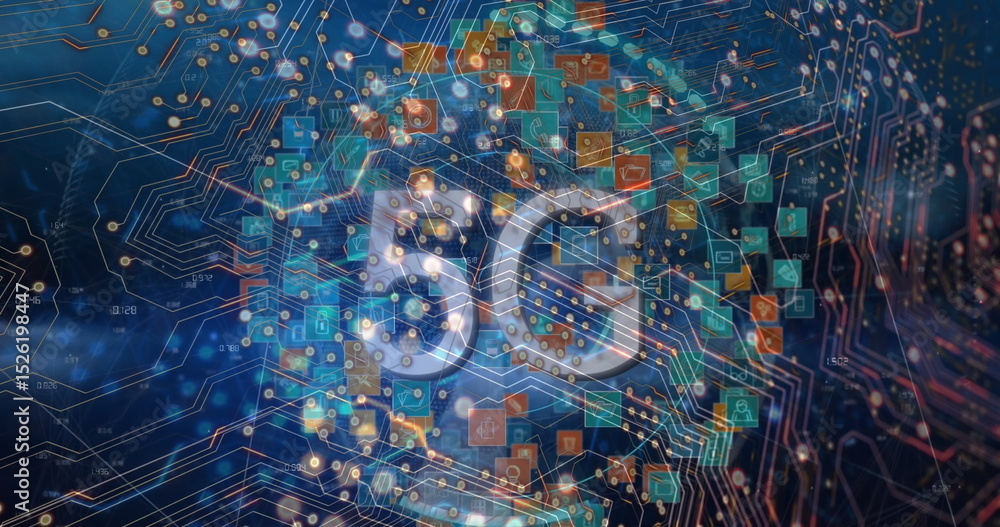 Poster image of data processing and 5g text with icons over network of connections