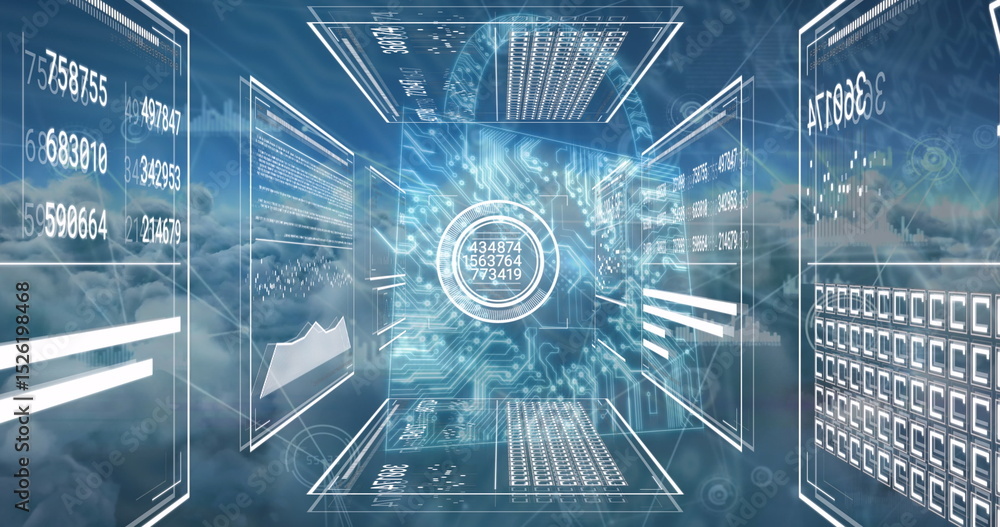 Poster image of multiple interface screens with processing data over blue cloudy sky