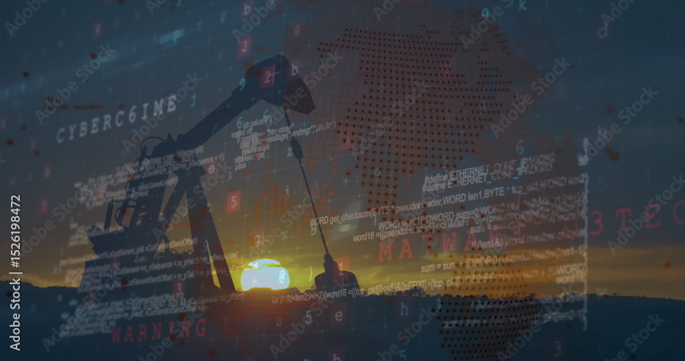 Poster image of data processing with globe over pumpjack on black background