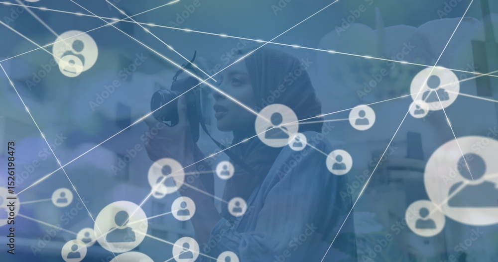 Poster image of network of connections with globe and icons over woman using camera