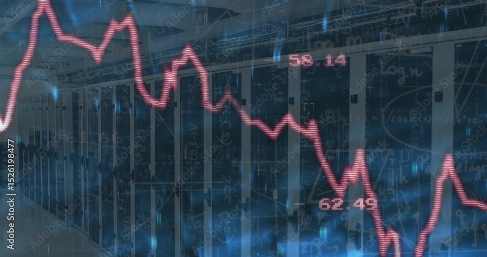 Poster displaying server racks humming in data center room, with led lights and red line graph overlay