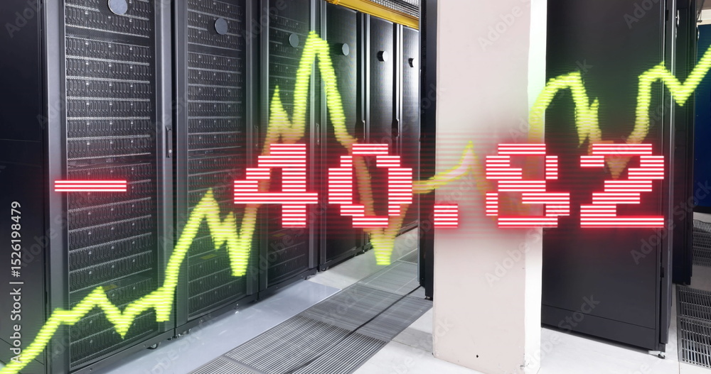 Poster displaying green line graph with red numeric overlay over black cabinets in data center corridor