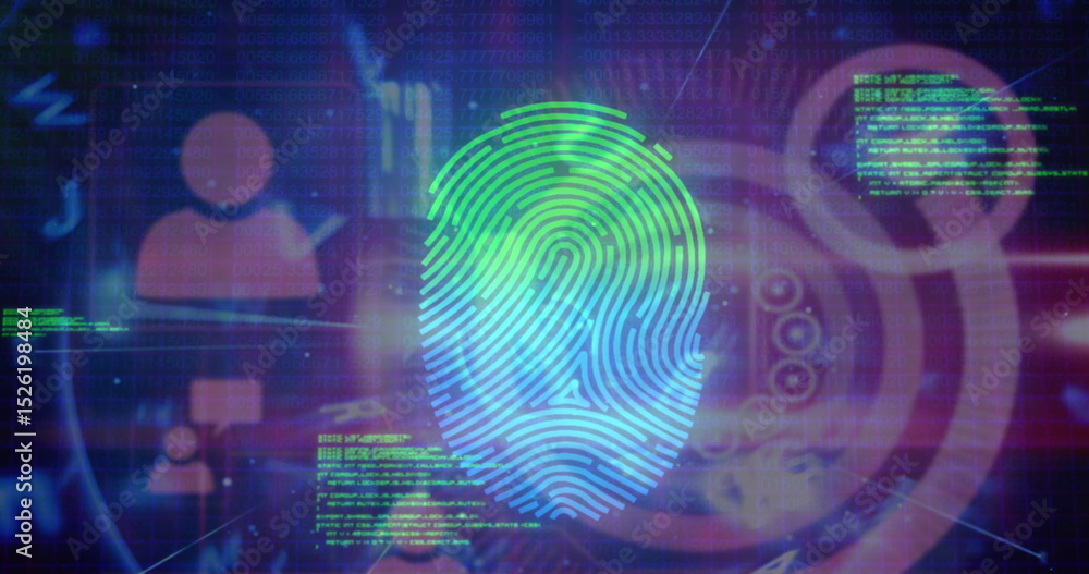 Aufkleber image of data processing over fingerprint icon on blue background