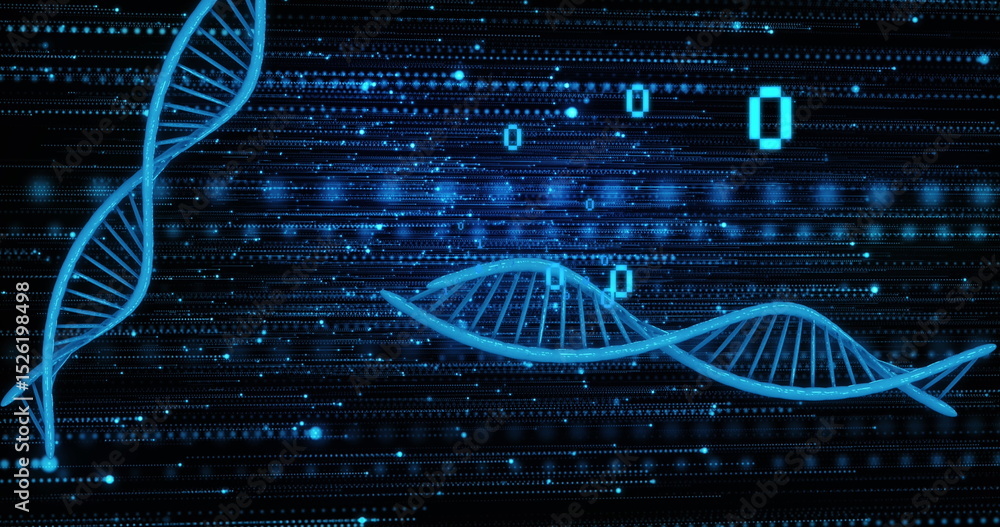 Poster image of dna strands over data processing