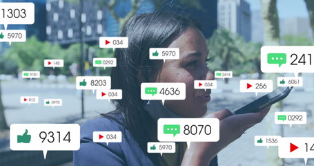 Social media icons and digital icons over increasing numbers against cityscape