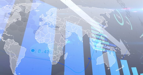 Image of financial data processing with graph over world map on grey background
