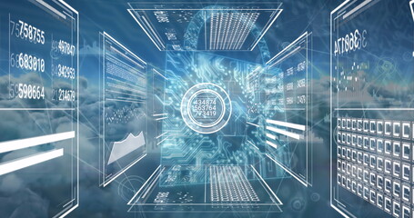 Image of multiple interface screens with processing data over blue cloudy sky