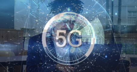 Image of 5g text, network of connections with globe and data over man using laptop