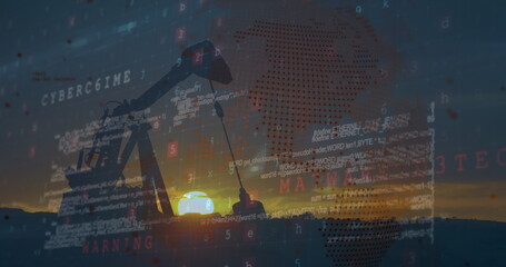 Image of data processing with globe over pumpjack on black background