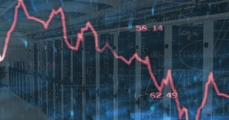 Displaying server racks humming in data center room, with LED lights and red line graph overlay