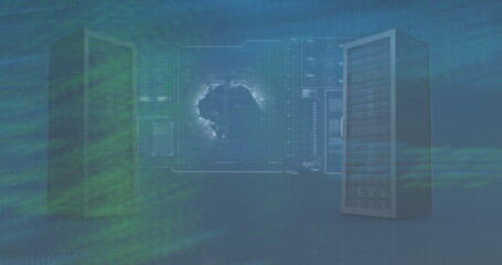 Image of data processing and globe on blue background