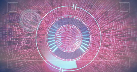 Scanning central glowing HUD interface in digital scene, with streaming code and data matrix grid