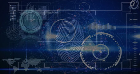 Displaying fingerprint scanning with circular overlays at control center, with gauges and bar graph