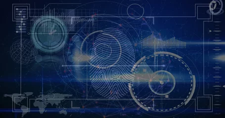 Displaying fingerprint scanning with circular overlays at control center, with gauges and bar graph