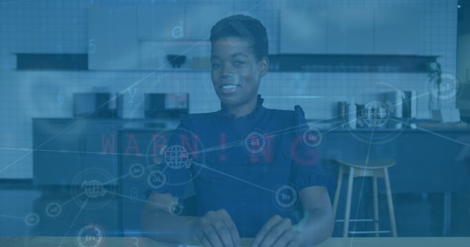 Image of financial data processing over african american businesswoman on image call