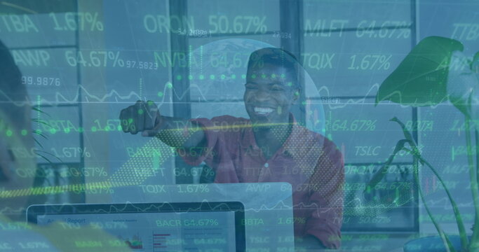 Image of financial data processing over smiling african american businessman