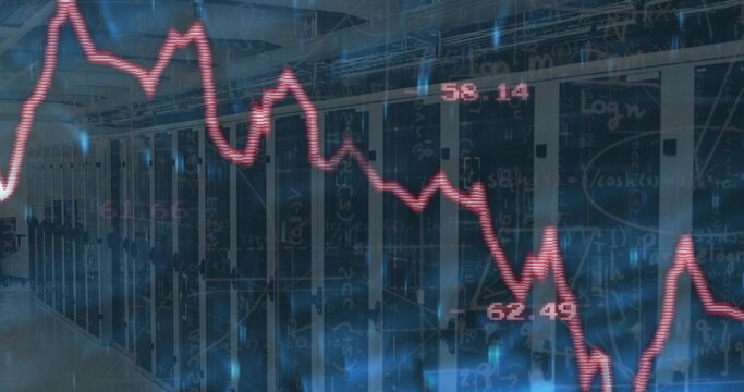 Displaying server racks humming in data center room, with LED lights and red line graph overlay