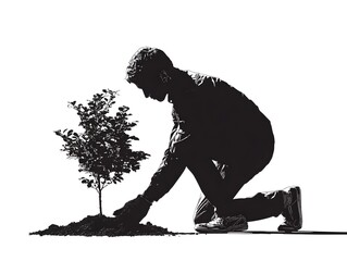 Silhouette of a man planting a tree seedling into the ground to help with reforestation and conservation.