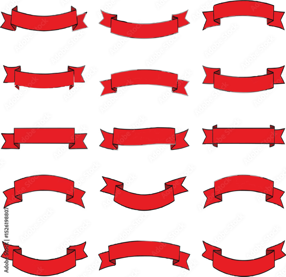 Poster a collection of twelve red ribbon banners with varying shapes and orientations on transparent backgr