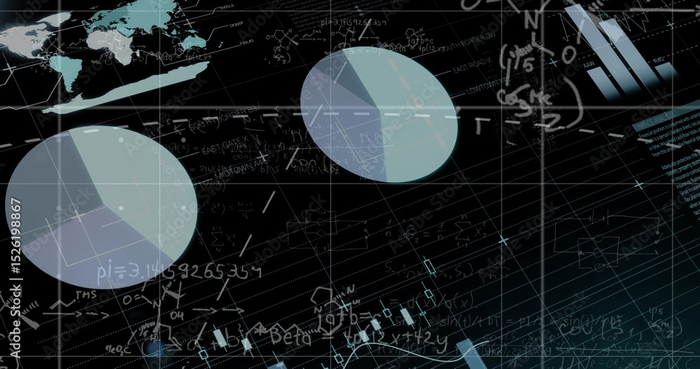 Poster image of data processing with mathematical equations on black background