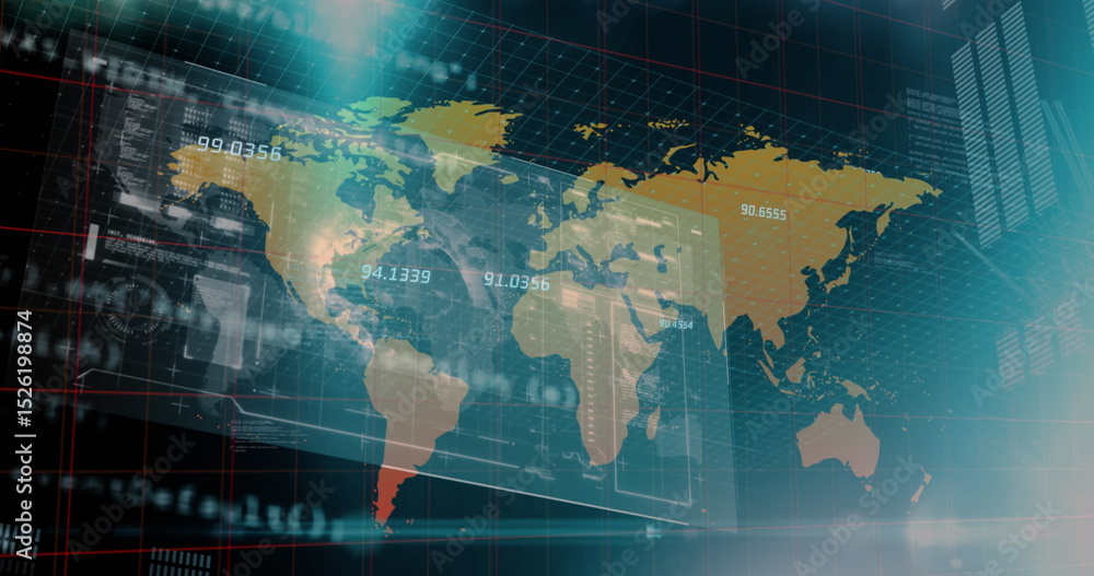 Poster image of data processing with world map on black background