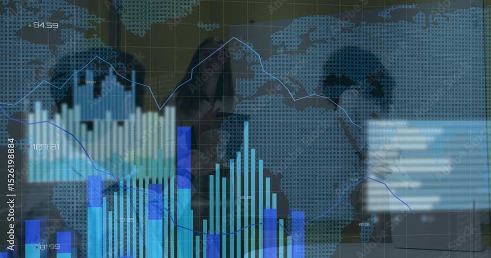 Poster image of financial data processing over businessman using basketball player