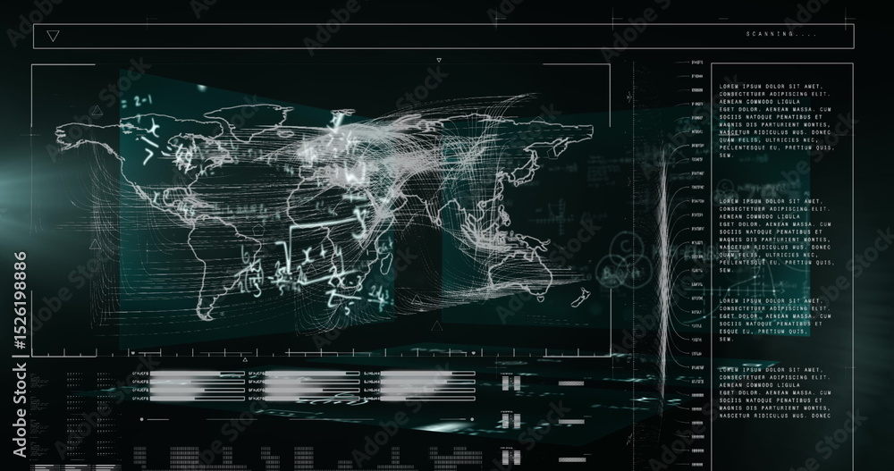 Poster image of data processing with mathematical equations on black background