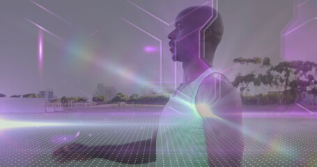 Image of shapes and light trails over african american man running