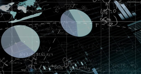 Image of data processing with mathematical equations on black background