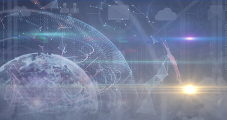 Image of light spots, plexus networks and digital icons over globe against blue background
