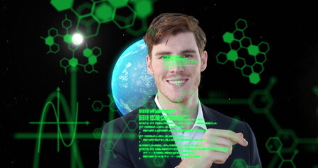 Image of data processing over globe and caucasian businessman