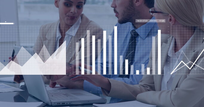 Image of globe, graphs and data processing over male and female colleagues in office meeting