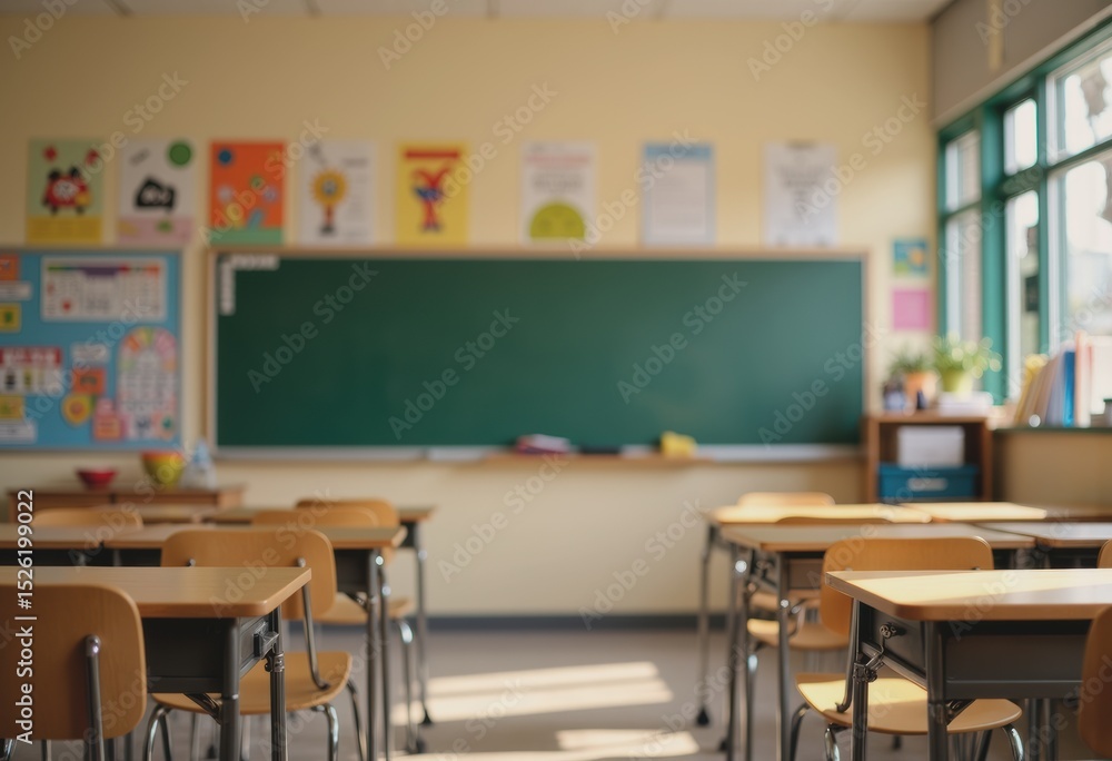 Poster empty classroom with desks and a chalkboard ready for learning