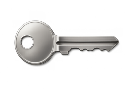 Silver metallic key lying against transparent backdrop, symbolizing protection, entry, and strategic solutions
