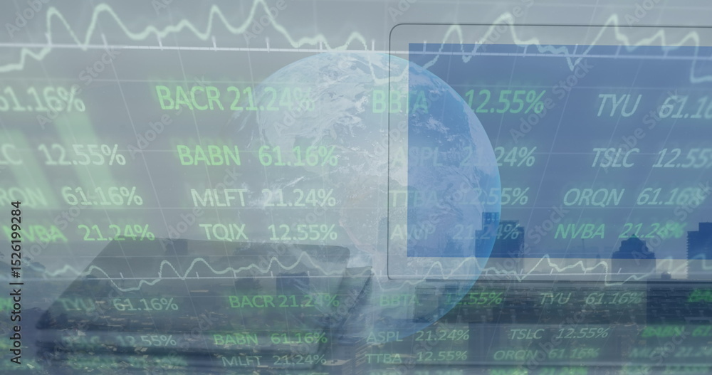 Aufkleber displaying transparent globe overlaying waterfront skyline at dusk with ticker symbols and graphs