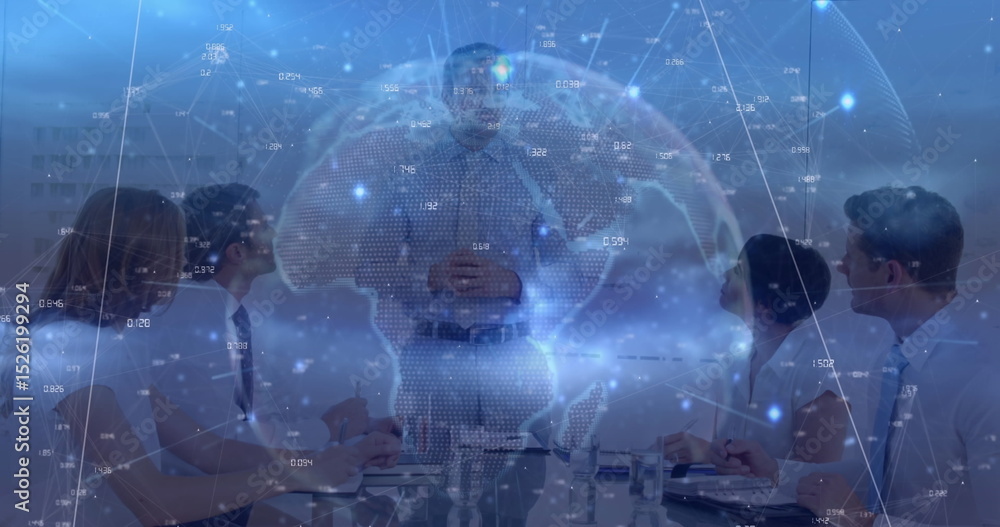 Poster image of globe, dots interconnected with lines over caucasian manager discussing with coworkers