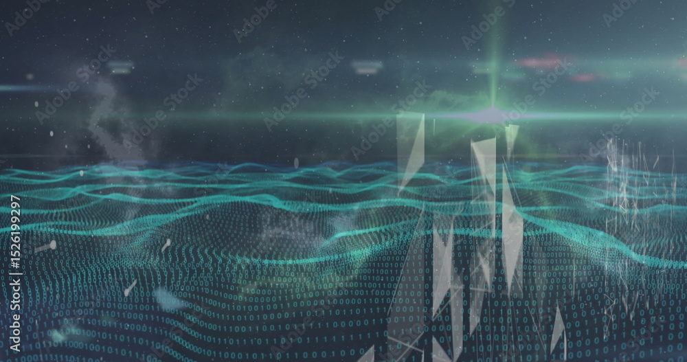 Poster image of waves with data processing and network of connections on black background