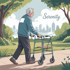 Elderly man with walker enjoying a peaceful walk in city park near fountain on sunny day
