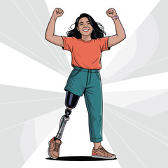Confident young woman with prosthetic leg raising arms in victory pose, symbol of empowerment and resilience
