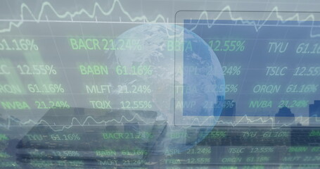 Displaying transparent globe overlaying waterfront skyline at dusk with ticker symbols and graphs
