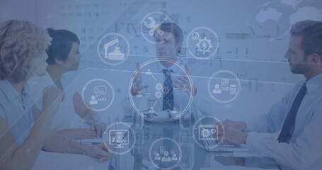 Image of infographic interface over caucasian coworkers discussing in meeting in boardroom