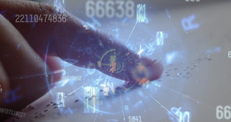 Image of changing numbers and glowing tunnel over close up of a finger reading in braille