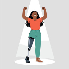 Confident young woman with prosthetic leg raising arms in victory pose, symbol of empowerment and resilience
