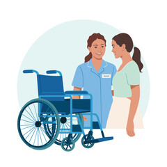 Cartoon nurse assisting young woman standing next to wheelchair in supportive healthcare setting
