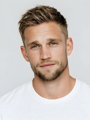 Obraz premium Handsome blonde man with short hair and beard looking at the camera wea a plain white t-shirt portrait.
