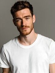 Obraz premium Portrait of a handsome red haired man with a beard wea a white t shirt against a plain background.