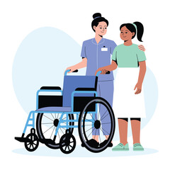Cartoon nurse assisting young woman standing next to wheelchair in supportive healthcare setting
